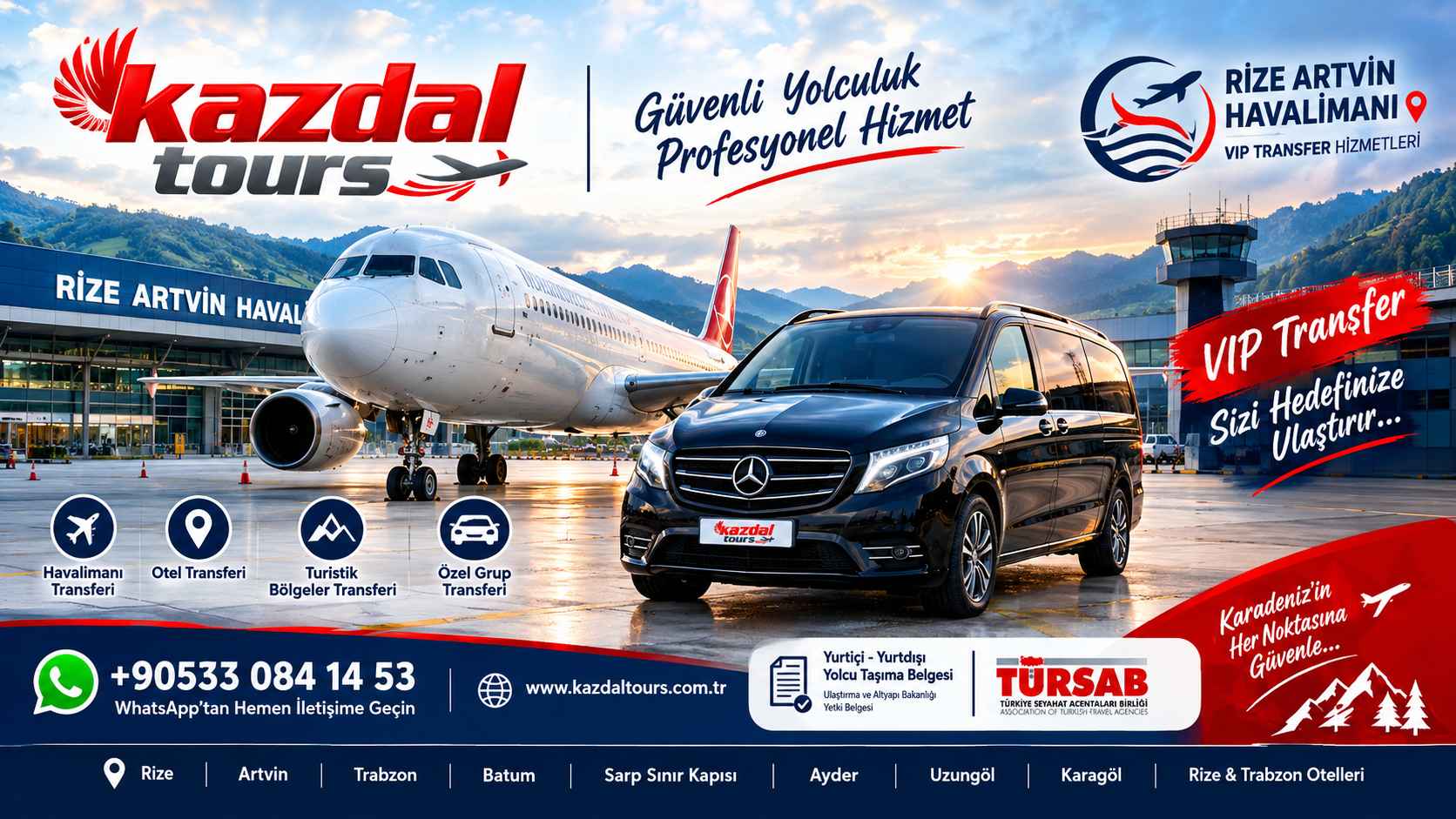 Kazdal Tours Rize Artvin Havalimanı VIP Transfer, Trabzon Havalimanı Transfer, Batum, Sarp Sınır Kapısı, Ayder, Uzungöl ve Karagöl transfer hizmetleri
